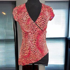 VANITY Vintage ( S ) Vibrant Animal Print V Neck Lace Short Sleeve